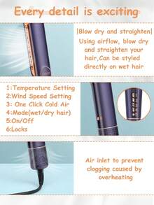 CRASTS 2-In-1 Hair Straightener Blow Dryer, High-Speed Brushless Motor, Dual Hot & Cold Air, Adjustable Temperature, Home Use Hair Styling Tool - Royal Blue - View 11