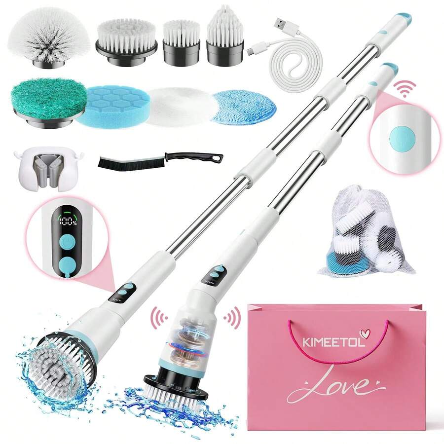 Electric Spin Scrubber, IPX7 Waterproof Cordless Cleaning Brush With 4 Replaceable Brush Heads, Adjustable Extension Handle And 3 Adjustable Speeds For Bathroom, Tub, Tile, Floor (White) Visit The Kimeetol Store - trắng - Xem 1