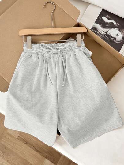 女士纯色抽绳弹力腰运动短裤，舒适口袋设计，适合街头户外、运动休闲等各种场合，夏季短裤