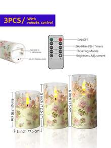3-Piece LED Electronic Candle Set, Pink Rose-Printed Casing, With Remote Control And Timer (2/4/6/8 Hours), Featuring A Flickering Flame Effect, Long Battery Life, Suitable For Parties, Weddings, Family Gatherings, Everyday Use, And Holiday Decorations/Gifts. - Rose - View 9