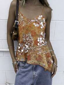 Women Glam Sequin Cami Top, Party Floral Print Sparkly Sequins Spaghetti Strap V Neck Peplum Blouse For Beach Vacation  Club Party - trái cam - Xem 4