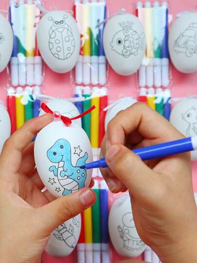 12pcs Easter Egg DIY Craft Set, Includes White Eggs, Paintbrushes And Various Decorative Patterns Like Rabbits And Dinosaurs, Suitable For Easter Tree Decorations, Basket Fillers, Gifts, Egg Hunts, Party Favors And Craft Materials.