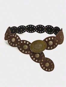 1pc Plus Size Women's Bohemian Style Solid Color Vintage Velvet Patchwork Belt, Black & Coffee Patchwork Belt, Oval & Heart Shaped Chunky Belt, Suitable Dresses, Coats, Sweaters, Pants, Parties, Gatherings, Dates, Campus, Music Festivals, Winter,, Essential Plus Size Ladies - A - Xem 2