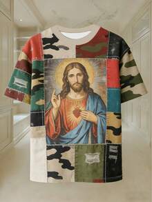 Camiseta de manga corta con estampado de retazos para hombres, camiseta de cuello redondo con estampado de fe en Jesús, cómoda y casual para uso diario - Multicolor - Ver 4