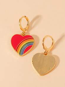 1 par de pendientes colgantes con efecto arcoíris de corazón de aleación, pendientes para parejas/mujeres, regalo para vacaciones y uso diario - Pendientes de aleación con forma de corazón y gota de aceite - Ver 7