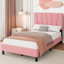 Base de Cama Plataforma con Cabecera Tapizada de Lino Ajustable, Soporte de Listones de Madera Resistentes, Sin Resorte de Caja Necesario y Montaje Fácil - Rosa-Gemelo - Ver 7