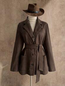 Rusttydustty 女士秋冬棕色仿麂皮夹克，适合度假、下午茶、波西米亚风日常穿着、音乐节派对等场合 - 棕色 - 查看 1