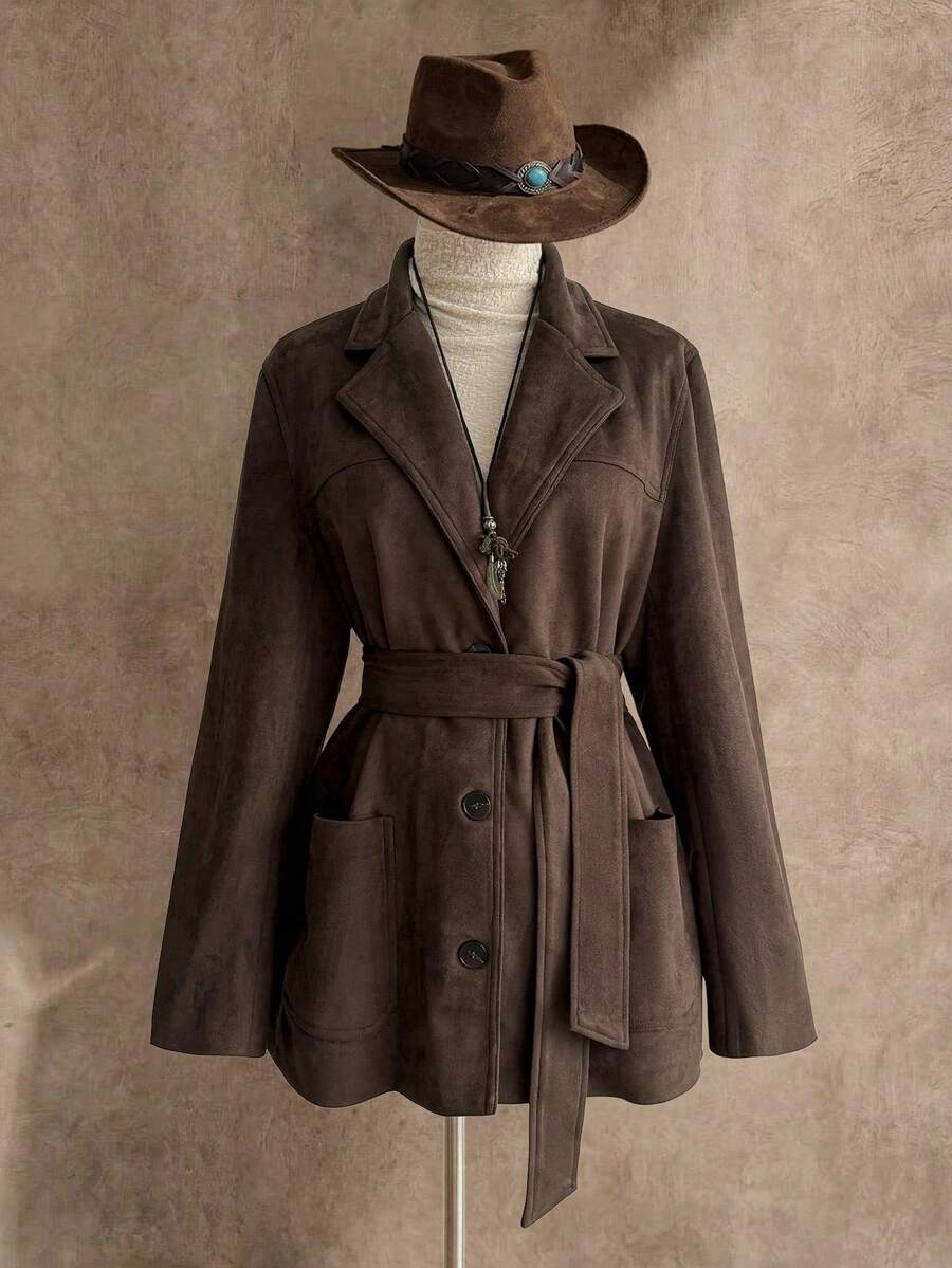 Rusttydustty 女士秋冬棕色仿麂皮夹克，适合度假、下午茶、波西米亚风日常穿着、音乐节派对等场合 - 棕色 - 查看 1