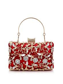 Women's Evening Clutch Bag With Metal Handle, Diamond Decor, Wedding Gold Clutch Purse With Chain Shoulder Strap - Red - View 6