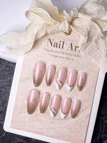 10 قطعة ملصقات أظافر يدوية الصنع، أظافر قصيرة، أظافر مزيفة، أظافر بشكل لوز، مناكير فرنسي، أظافر بطراز Y2K، أظافر جميلة، أظافر وردية، أظافر بيضاء، أظافر ذهبية، أظافر بنية، مع لمعان اللؤلؤ الساطع. تشمل أدوات الأظافر للتطبيق والإزالة السهلة. مناسبة للنساء والفتيات لاستخدامها اليومي ومناسبات خاصة لوازم الأظافر - زهر ذهبي - مشاهدة 2