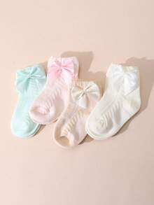 4 Pairs Baby Girls' Cotton Bow Decor Mesh Short Socks, Spring/Summer Daily Wear - Multicolor - View 8