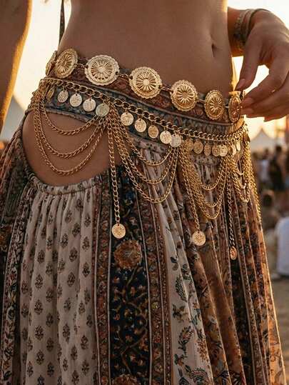 2 piezas Cadena de vientre de moneda de estilo vintage bohemio con diseño de pétalos y flores de margarita de varias capas, cadena de cintura con borlas árabes sexy, adecuada para playa, vacaciones, uso en fiestas, Halloween, campus en otoño