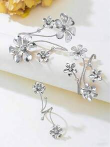 一套时尚复古几何3D花卉水钻手链、手镯、戒指首饰套装，女士派对礼物 - 銀色 - 查看 2