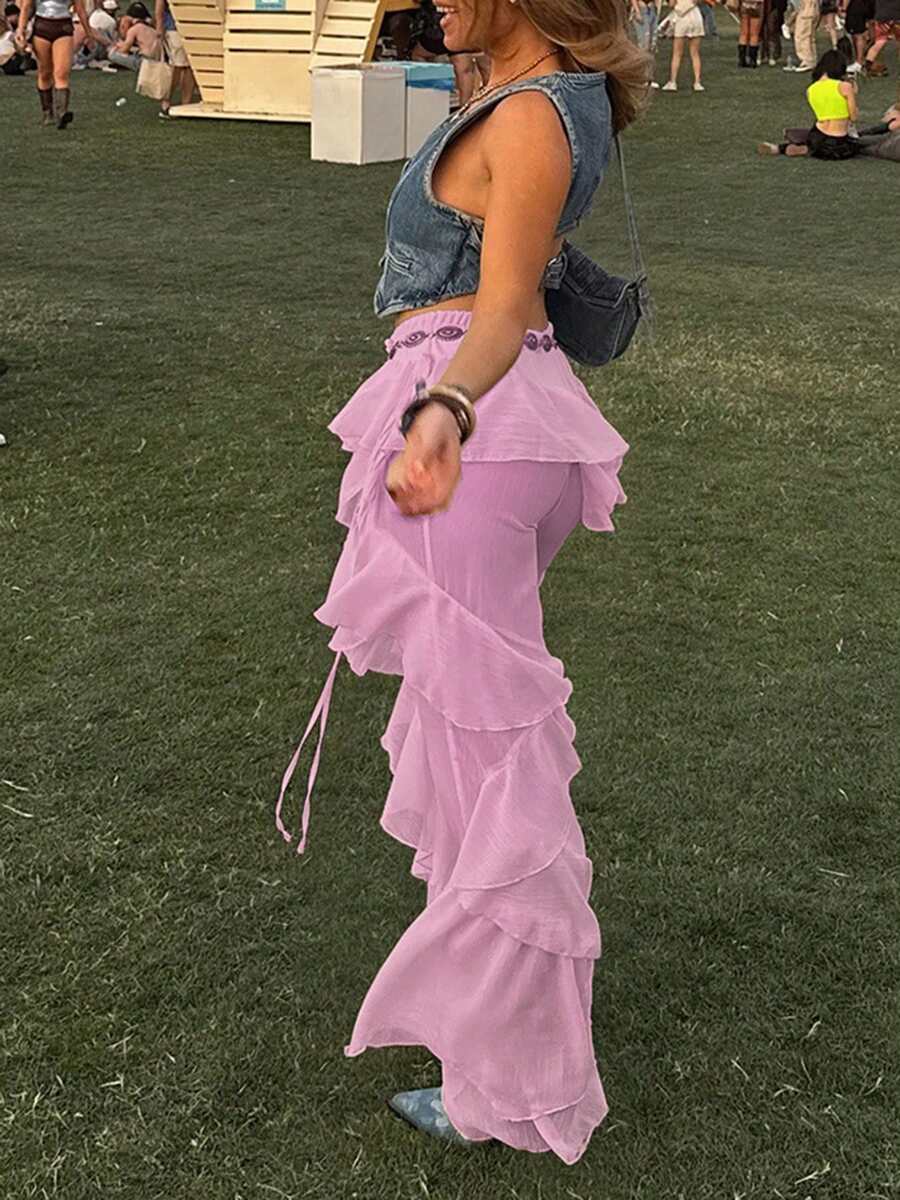 Outdoor Fashionable Tie-Up Ruffle Hem Flared Pants, Spring/Summer Pink - Pink - View 1