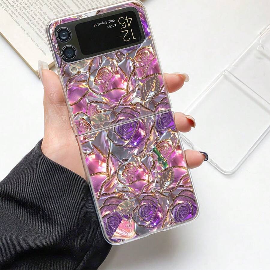 Flower Pink Purple Rose Floral Pattern Transparent Phone Case Compatible With Samsung Z /Flip6/Flip5/Flip4/Flip3 Featuring A Clear Cover - Multicolor - View 1