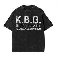 Kamogawa Boxing Gym T Shirts Hip Hop Washed 100% Cotton Oversize T-Shirts Hajime No Ippo KBG Men Women Tops Streetwear Tee Shirt - 黑色 - 查看 1