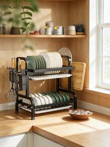 1 pieza Estante de cocina de hierro negro de 2 niveles; Organizador de almacenamiento de utensilios - Multicolor - Ver 2