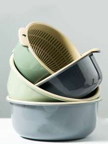 1pc Kitchen Double Layer Plastic Draining Basket, Vegetable Fruit Washing Bowl, Multi-Purpose Rice Washing Strainer - S - View 2