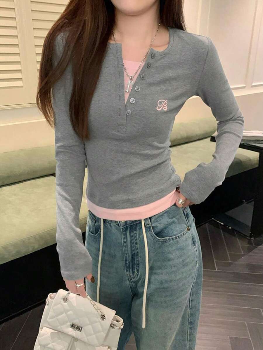 Women's 2 In 1 Contrast Color Fitted Half-Collar Long Sleeve T-Shirt - Grey - View 1