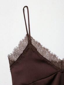 DEEKA Summer New Women's Fashion Sexy Lace & Satin Blouse - Brown - View 7