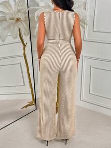 Amarilo Striped Sleeveless Design With 3 Fashionable Buttons, Connected Waist Jumpsuit, Daily Elegant And Stylish Look, Latest Spring And Summer Women's Jumpsuit - Apricot - View 2