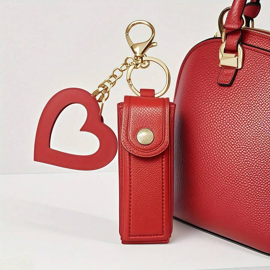 Solid Color Long Lipstick Makeup Bag + Heart-Shaped Small Mirror Pendant] Lipstick Storage Tool, Mini Lip Balm Organizer For On-The-Go Touch-Ups, Travel-Friendly Gift For, Faux Leather Coin Purse, Keychain Storage Bag - 紅色 - 查看 1