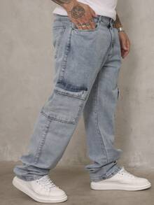 Men's Cargo Jeans With Multiple Pockets And No Elastane. - 淺色水洗藍 - 查看 4