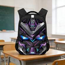 A Black Backpack With Reflective Stripes, Featuring A Cyberpunk Pattern, Made Of Wear-Resistant Polyester Fiber Fabric, With Breathable Shoulder Straps And Side Mesh Pockets Suitable For Back To School, Daily Office, Back To Campus, Birthday Gifts, Etc. - A - View 4