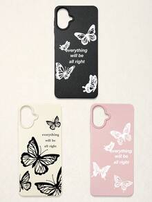 3pcs Butterfly Pattern Phone Cases, Motivational Slogan Positive Energy Phone Cases, Faux Leather Texture Black White Pink Shockproof Protective Covers, Compatible With IPhone & - Multicolor - View 42