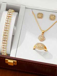 6PCS Elegant And Luxurious Women's Quartz Watch Set, Women's Gold Accessory Set (Includes Gold Metal Full-Rhinestone Strap Life Of Tree Arabic Numeral Dial Rhinestone Bezel Quartz Watch, Full-Rhinestone Gold Bracelet, Full-Rhinestone Gold Earrings, Heart-Shaped Full-Rhinestone Gold Necklace, Full-Rhinestone Gold Ring). - Gold - View 6