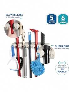 Home- It Mop and Broom Holder, 5 Position with 6 Hooks Garage Storage Holds up to 11 Tools, Storage Solutions for Broom Holders, Garage Storage Systems Broom Organizer for Garage Shelving Ideas - Blanco - Ver 7
