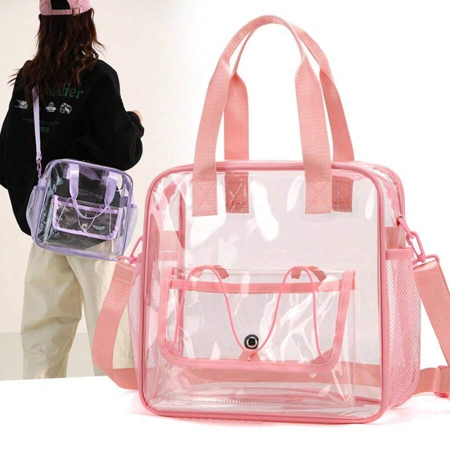Ubysoyi Large Capacity Stadium Approved Transparent PVC Tote Bag Shoulder Bag Clear Bag Sport Bag Lightweight Daily Crossbody Bag For Women/Unisex Waterproof Handbag For Concert Sport School Swimming Travel Vacation See Through Storage Bag - 粉色 - 查看 1