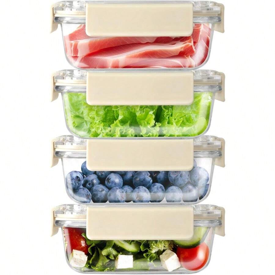Contenedores de comida de vidrio con tapa herméticos, para todas las temperaturas sin BPA, ideales para preparación de comidas y almuerzo-029 - Beis - Ver 1