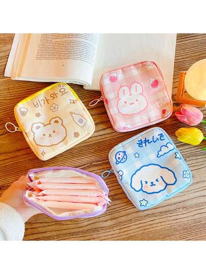 5.12"X5.12" Cartoon Sanitary Pad Storage Bag, Makeup Cosmetic Lip Balm Organizer, Menstrual Pad Holder Pouch With Zipper, Multi-Functional Storage Bag For Women And Teens