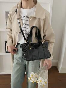 Bolso de hombro con tachuelas en forma de rombo para mujer, bolso de viaje de unicolor - Negro - Ver 7