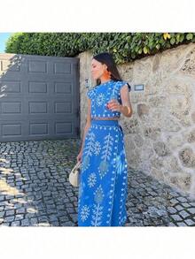 Casual Vacation Style Women's Clothing, Fashionable And Casual Positioning Printed Vacation Style Long Dress Two-Piece Set - 藍色-1 - 查看 3
