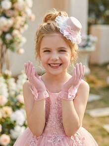 2件套薄纱蝴蝶结头饰+蝴蝶结手套，粉色薄纱迷你帽，婚礼摄影道具，婚礼装饰，派对拍照道具，婚礼配饰，花环，腕花，亲子套装 - 粉色 - 查看 6