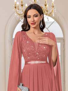 MIUSOL Women's Sequin Floral Lace Patchwork Deep V-Neck Chiffon Long Sleeve Rhinestone Ruched Hem Formal Party Dress Wedding Spring - Dusty Pink - View 8