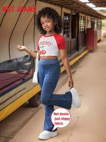 女童牛仔印花弹力腰喇叭裤，时尚休闲透气，百搭实用，适合春夏外出和旅行 - 藍色 - 查看 1