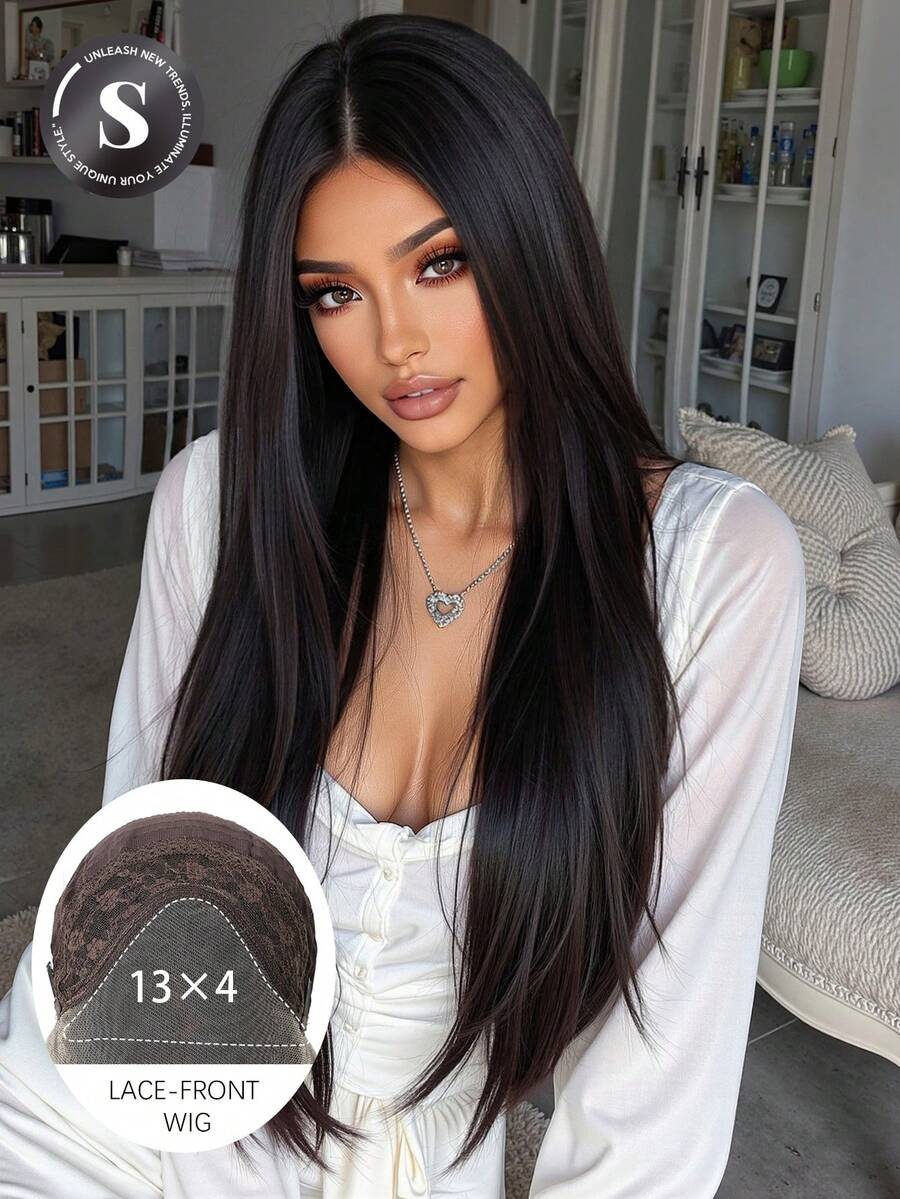 Tóc giả dài 30 inch (13x4) màu đen thẳng, đã được tẩy trắng, có phần ren phía trước trong suốt, phù hợp cho nữ, mật độ 180%, tóc giả ren tổng hợp đã được tỉa sẵn, tóc giả ren cao cấp dành cho nữ, tóc giả ren tổng hợp chịu nhiệt, phù hợp cho mọi dịp lễ và sử dụng hàng ngày, có thể đội bất cứ lúc nào, món quà lễ hội hoàn hảo cho các cô gái. - màu đen - Xem 1