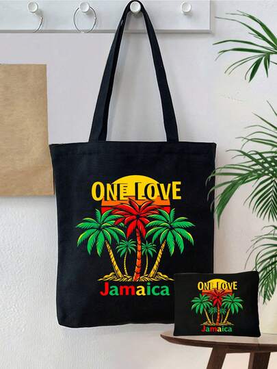 牙买加主题帆布手提袋套装，棕榈树和“One Love Jamaica”设计，大容量单肩包，带便携式化妆包，大容量可重复使用购物袋，休闲单肩包，拉链化妆包，涤纶单肩包，牙买加热带岛屿风格包袋，适合购物、旅行、户外活动、通勤，是节日、生日、情人节和新年等场合的完美礼物和纪念品。