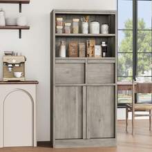 Armario de Almacenamiento Alto Independiente de 51", con 2 Cajones, 2 Estantes Abiertos y Puertas, Mueble Organizador para Casa, Sala, Cocina, Entrada y Oficina - Gris - Ver 6