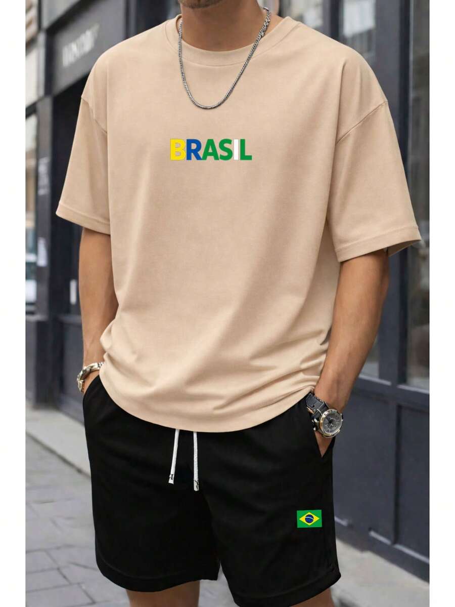 Men's T-Shirt + Shorts Set, Cotton Sweatshirt, Comfortable Shorts, Immediate Shipping, Various Colors - 米色/黑色 - 查看 1