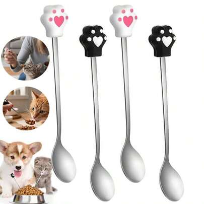 4pcs Cat Food Scoop Set - Silicone Cat Paw And Stainless Steel Mixing Spoon, Cute Cat Paw Feeding Spoon Can Scrape Off Every Bit Of Wet Food, Dishwasher , Black And White