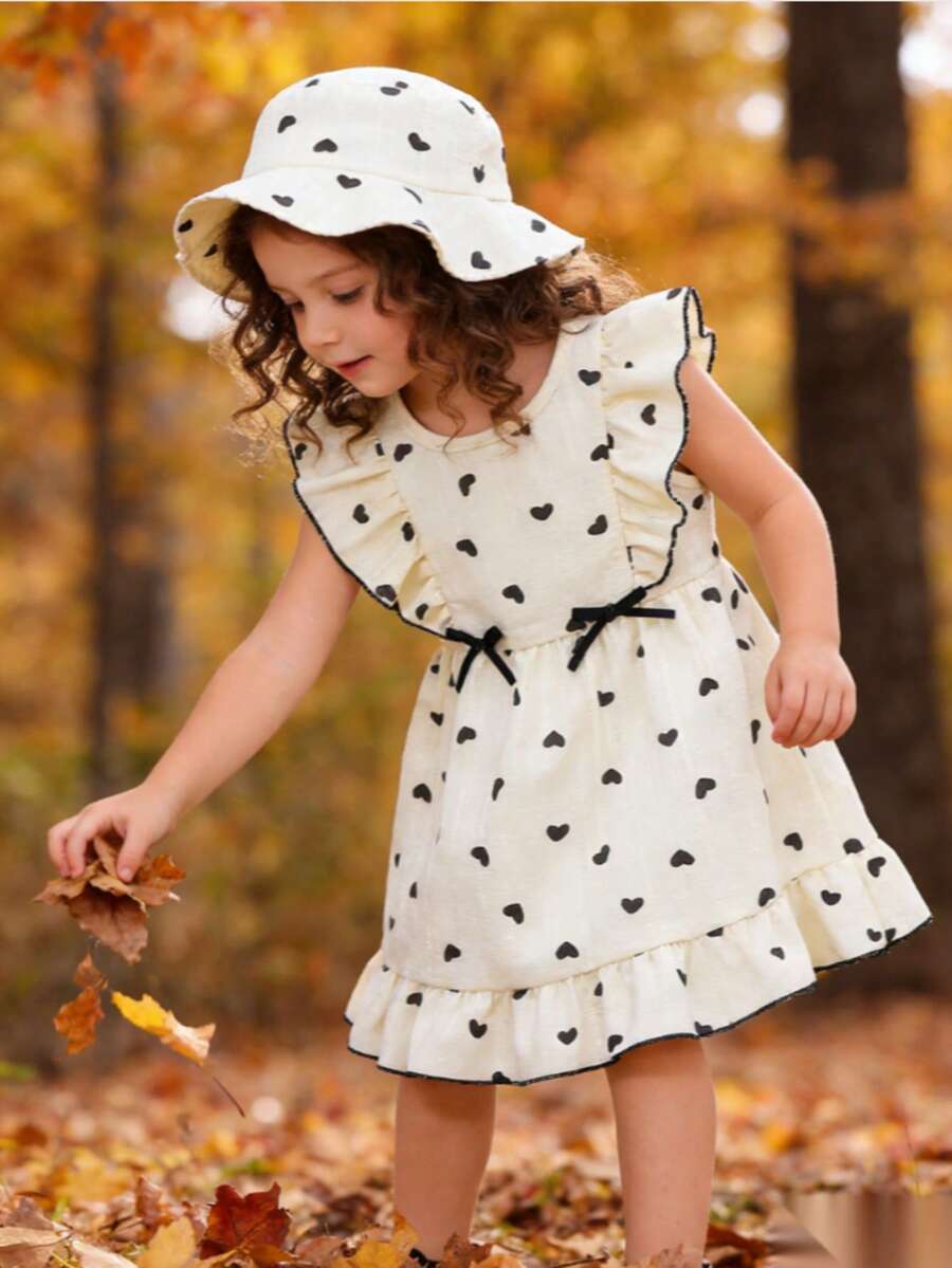 2件套女婴杏色爱心印花无袖荷叶边连衣裙配同款帽子套装，春夏款 - 杏色 - 查看 1