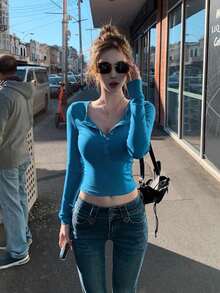 性感V领长袖修身T恤，露脐上衣 - 藍色 - 查看 5