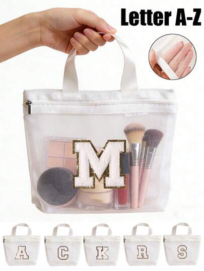 1 túi đựng đồ vệ sinh cá nhân du lịch màu trắng kèm khăn thêu chữ cái đầu tên, chất liệu nylon bền, thiết kế dạng lưới, có thể dùng làm túi xách tay, túi tote, túi đựng đồ có khóa kéo di động cho nữ, túi đựng mỹ phẩm, túi đựng đồ đa năng chống thấm nước, túi tái sử dụng, túi đựng đồ trang điểm và vệ sinh cá nhân, ví đựng tiền xu nhẹ, túi đựng đồ vệ sinh cá nhân tiện dụng cho cả nam và nữ khi đi công tác, túi đựng đồ vệ sinh cá nhân dạng lưới rộng rãi, túi lưới mở rộng dùng đi biển.