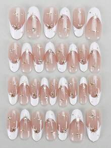 30 Peças Adesivos de Unhas Cobertura Completa Amendoado/Francês com Padrão de Estrela Dourada e Sol e Decoração de Strass Brilhante, Acompanha Cola de Gelatina e Lixa de Unhas, Adequado para Festas, Reutilizável para Uso Diário, Eleve o Estilo das Suas Unhas, Suprimentos de Unhas - Multicolorido - Visão 3