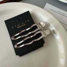 2pcs Solid Color Casual Zinc Alloy Minimalist Metal Silver Wave Line Geometric Rectangle Water Drop Alligator Hair Clips - Multicolor - View 5