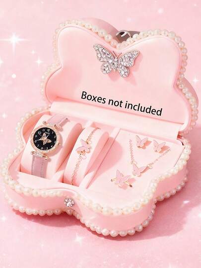 6/5件套女士优雅时尚精致圆形蝴蝶表盘石英表套装，包含配套蝴蝶手链、项链、戒指和耳环，适合女士日常佩戴，也是派对、度假、旅行的完美装饰，更是送给朋友的生日/节日礼物和情人节礼物的理想之选。